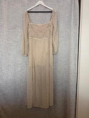 Free People Lace Eyelet Cream Maxi Dress with Sheer Long Sleeves